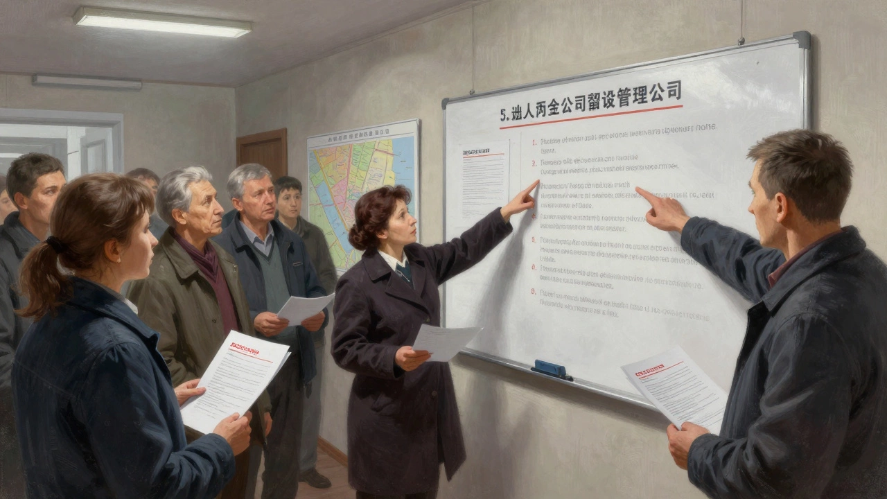 Жильцы на собрании обсуждают обязанности управляющей компании с помощью наглядной доски.