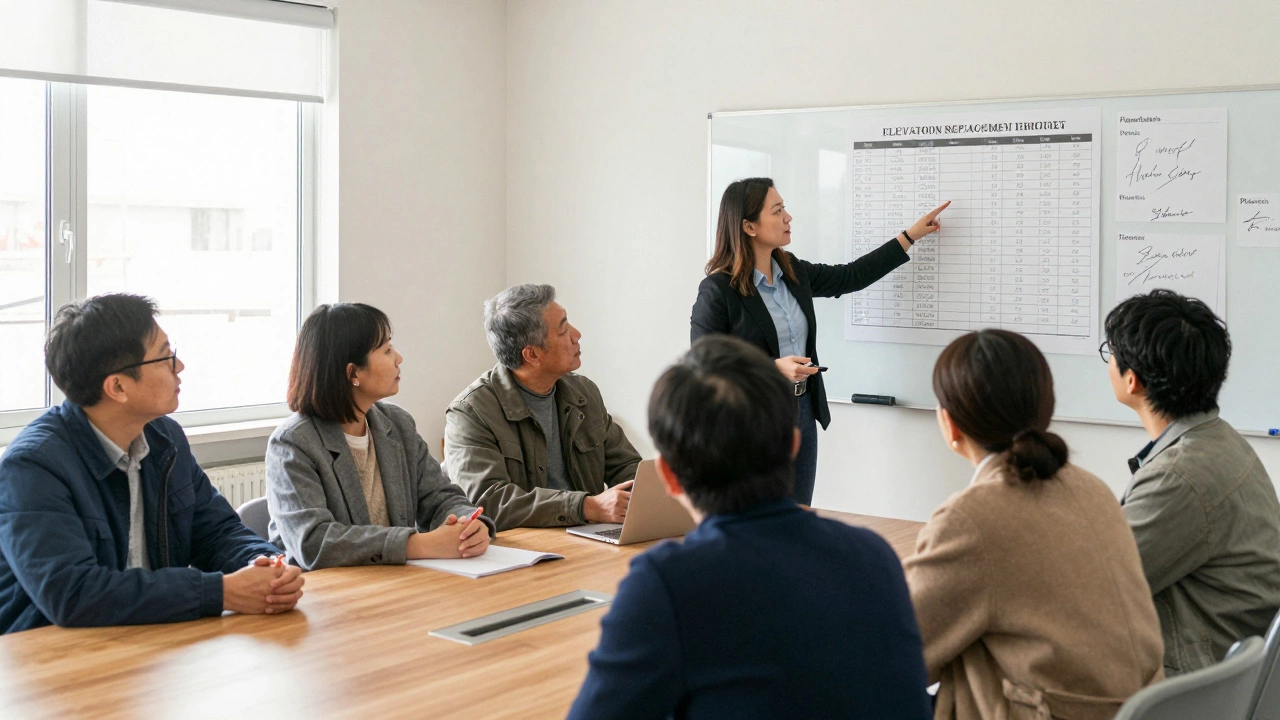 Жильцы на собрании слушают управляющего о бюджете замены лифта.