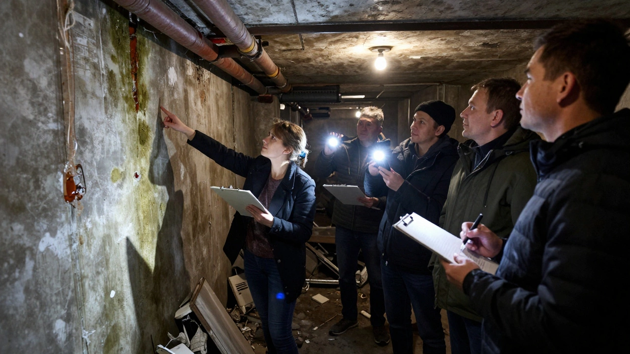 Жильцы проверяют запущенный подвал с протечками и плесенью, требуя исправлений от управляющей компании.