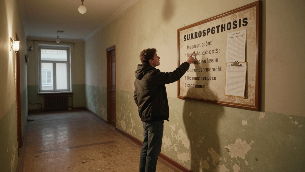 Житель указывает на объявление с перечнем обязательных услуг ЖКХ в подъезде старого дома, видны акты выполненных работ.