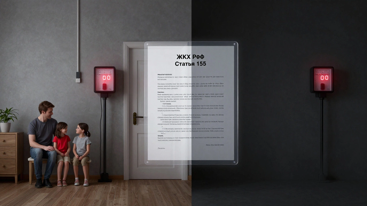 Разделенная квартира: одна сторона занята, другая пуста, соединены юридическим документом о обязательствах по ЖКХ.