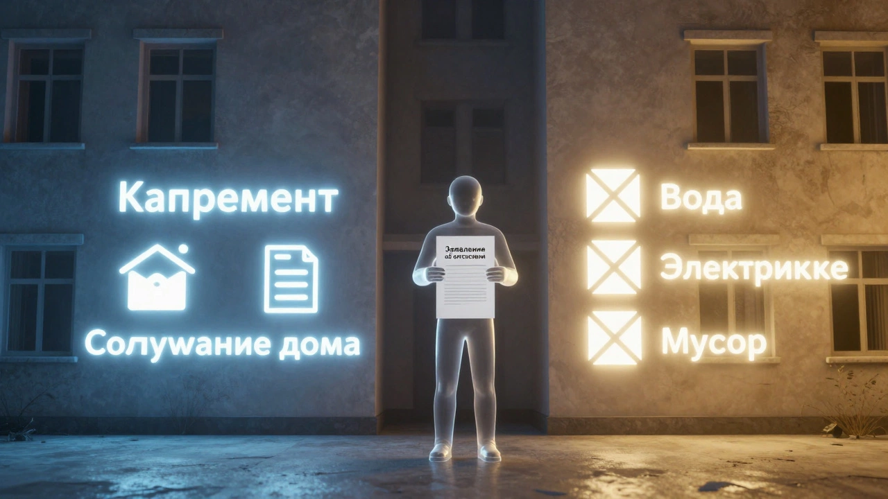 Разделенный дом: одна часть с обязательными платежами, другая — с отмененными коммунальными услугами.