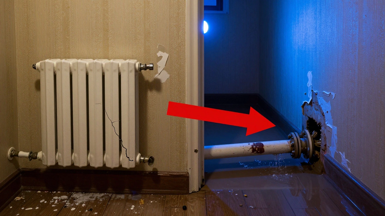 Слева — протекающий кран и треснувшая батарея в квартире, справа — прорыв трубы в подвале, вода льётся по лестнице.