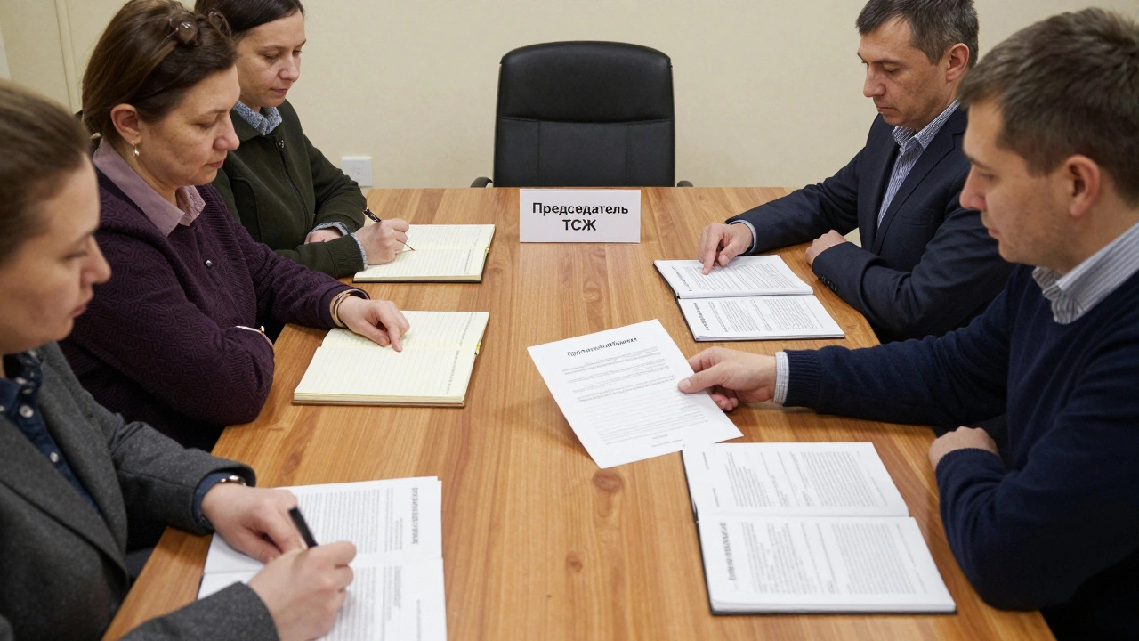 Собственники на собрании рассматривают протокол, пустое место председателя ТСЖ видно за столом.