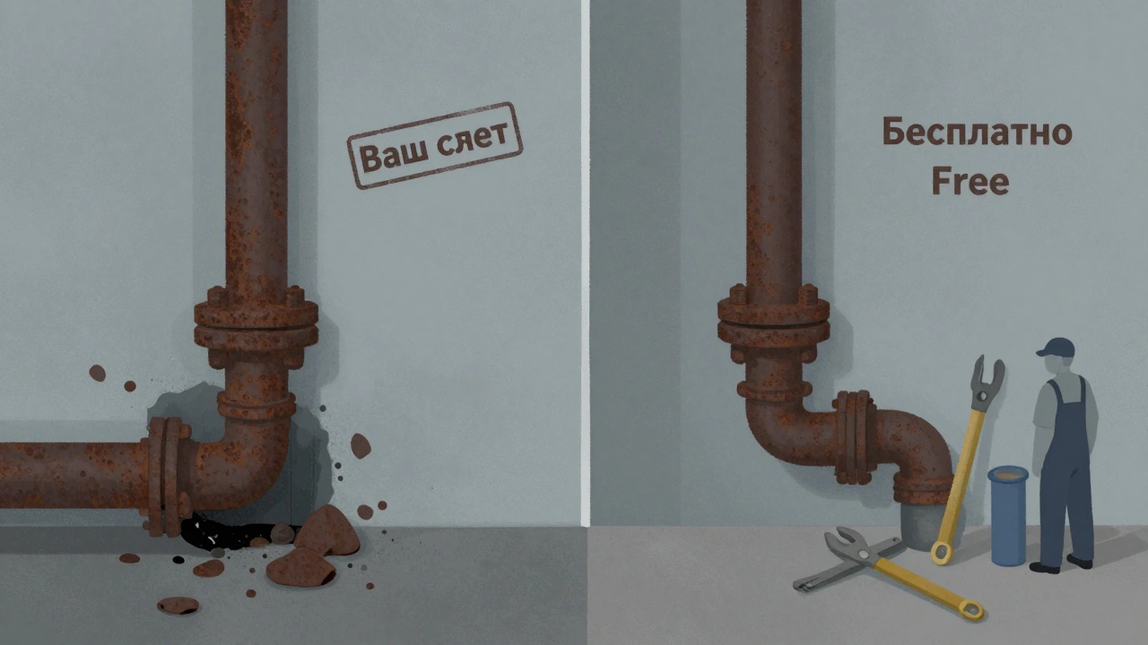 Сравнение: труба до входа в квартиру — бесплатно, после входа — за свой счет.