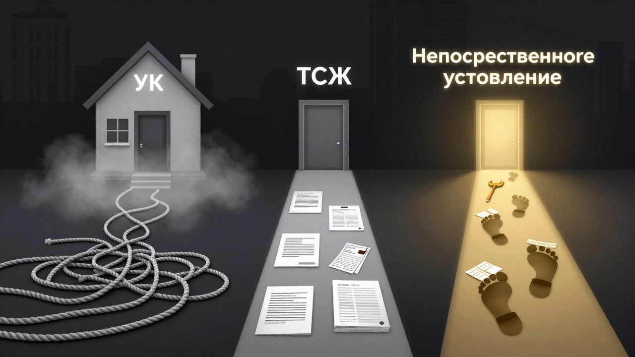 Три пути управления домом: бюрократия, ТСЖ и прямое управление, свет указывает на путь без посредников.