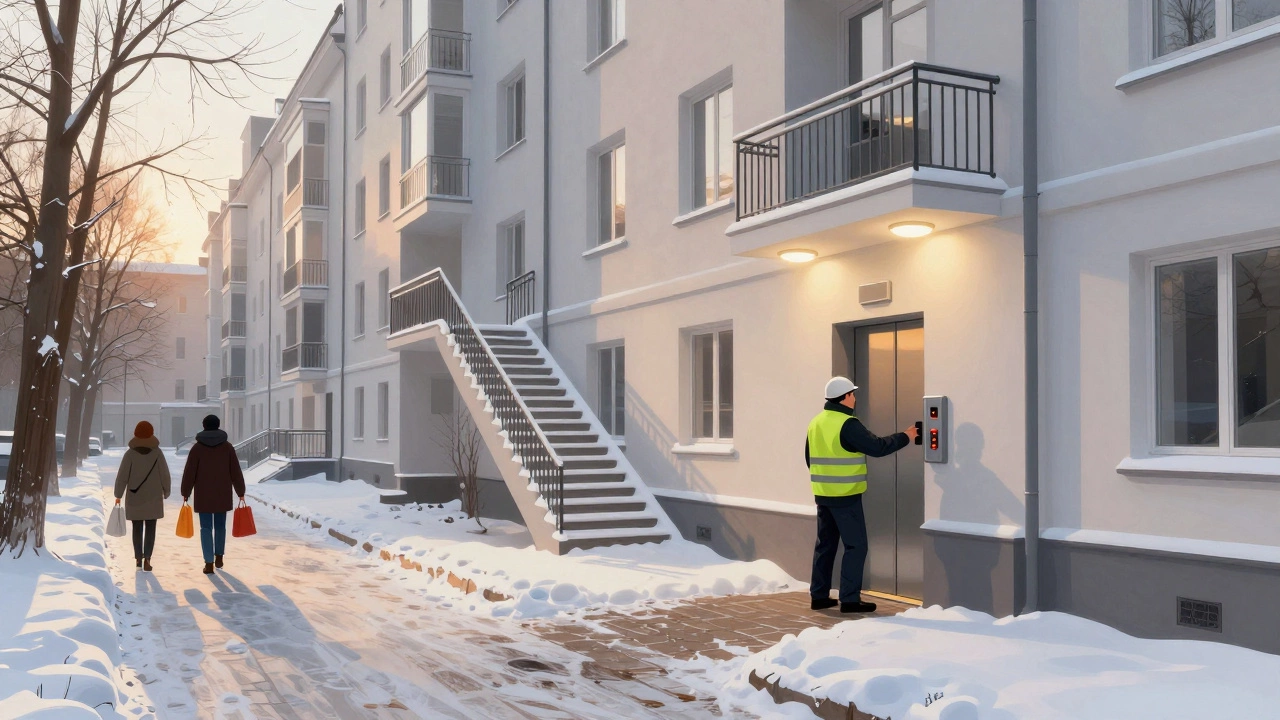 Уборщик убирает снег во дворе, а рабочий проверяет лифт в зимний день.