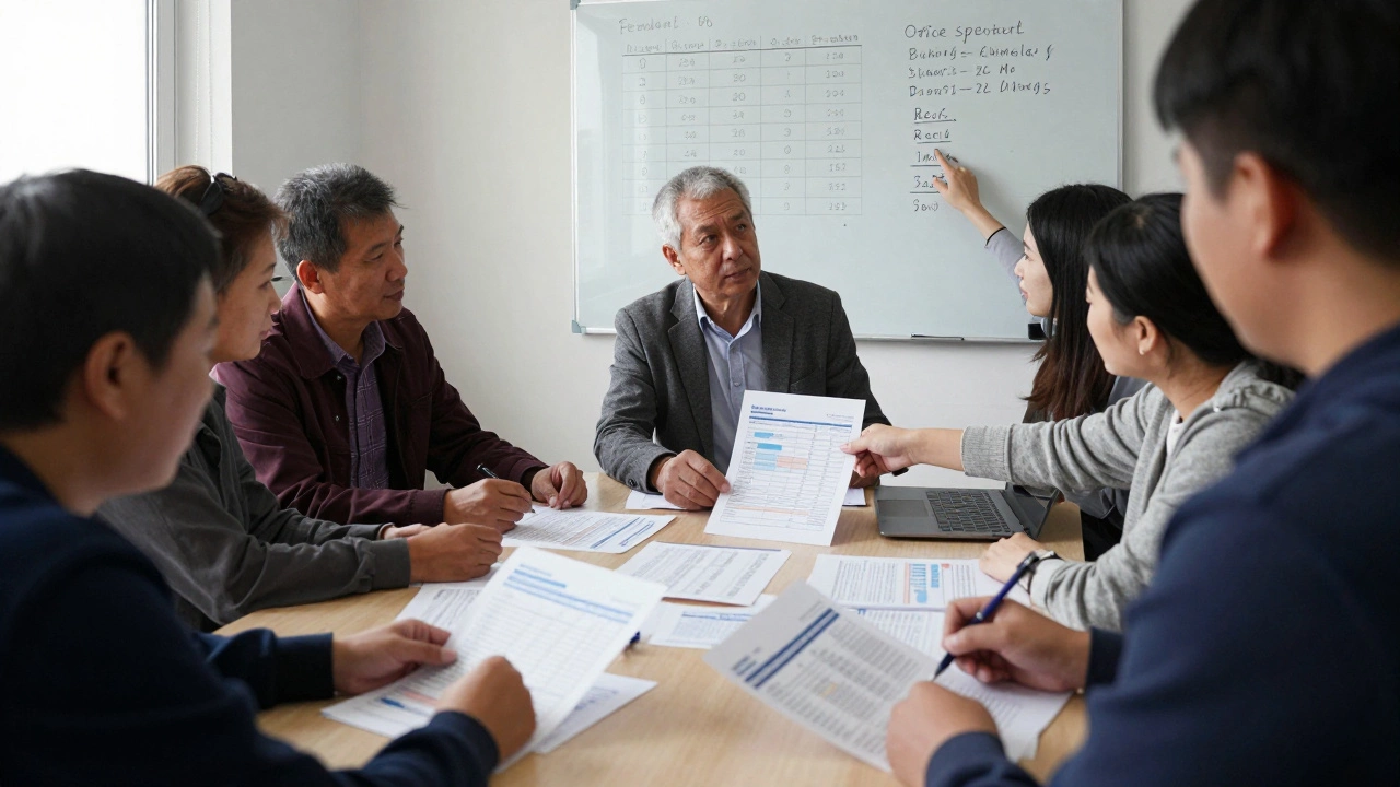 Жильцы анализируют отчет управляющей компании, один человек указывает на статью расходов на аренду офиса.