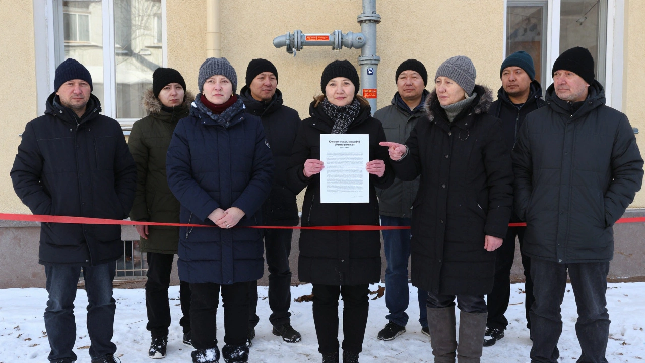 Жильцы изучают закон №491 у стояка с красной меткой, обозначающей границу ответственности.