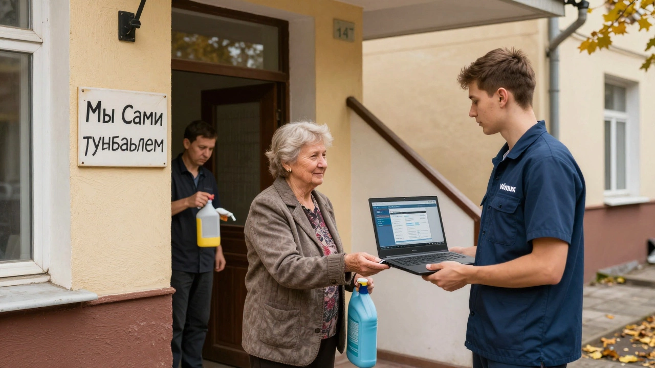 Жильцы старого дома в Петербурге сами управляют обслуживанием, пенсионерка передаёт деньги уборщику.