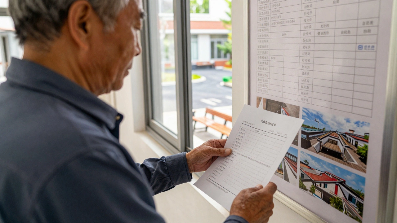 Жительница смотрит на официальный отчёт о ремонте на доске объявления в подъезде, за ней — отремонтированный двор.