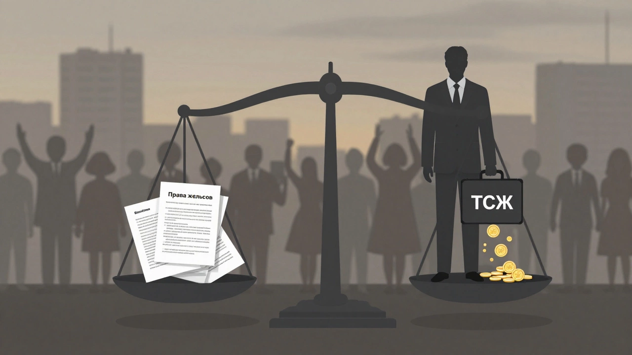 Баланс между правами жильцов и действиями ТСЖ, символизирующий контроль и справедливость.