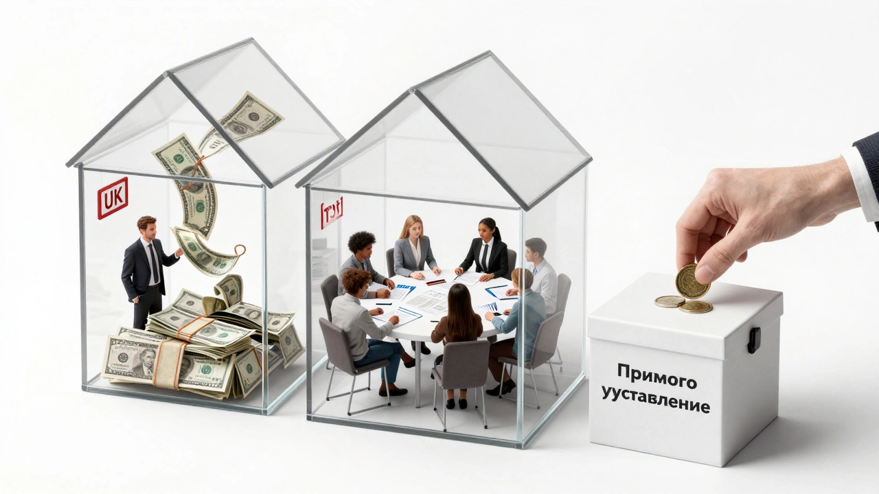 Прозрачный дом с тремя зонами: корпоративные деньги, жильцы за столом и рука с деньгами в коробке.