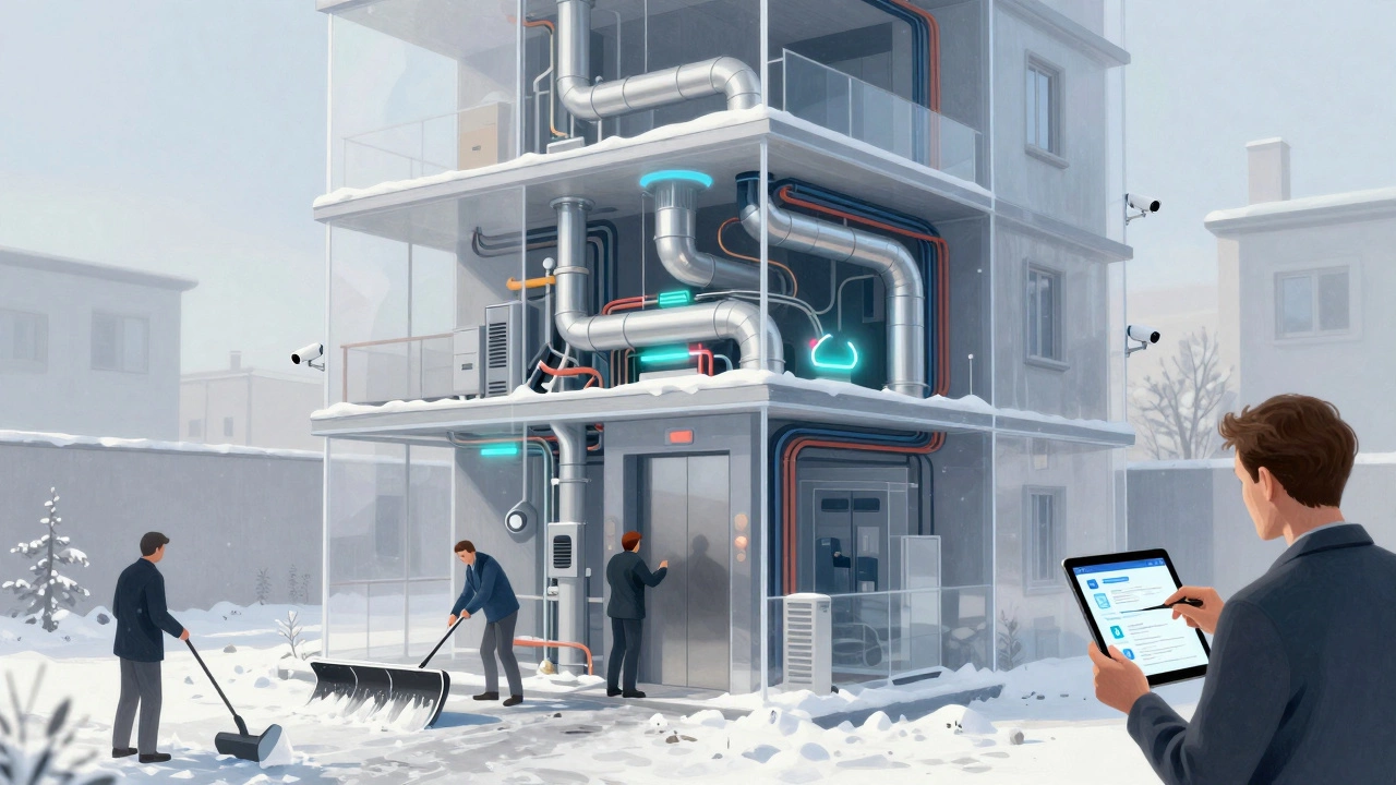 Прозрачный разрез дома с видимыми инженерными системами и жильцами, проверяющими отчёт об обслуживании.