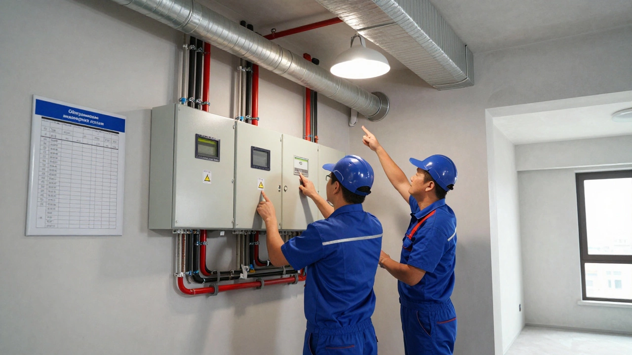 Рабочие проверяют трубы и электропроводку в техническом помещении.