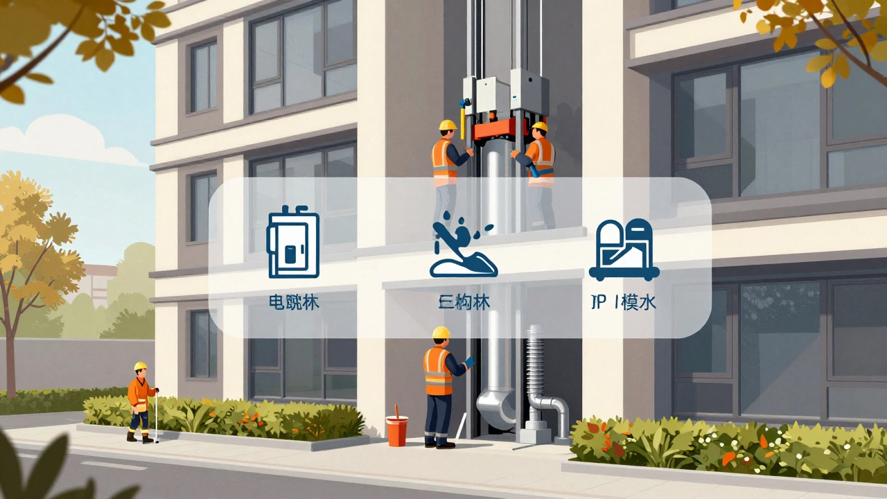 Работники обслуживают лифт, вентиляцию и газоны в дворе многоквартирного дома.