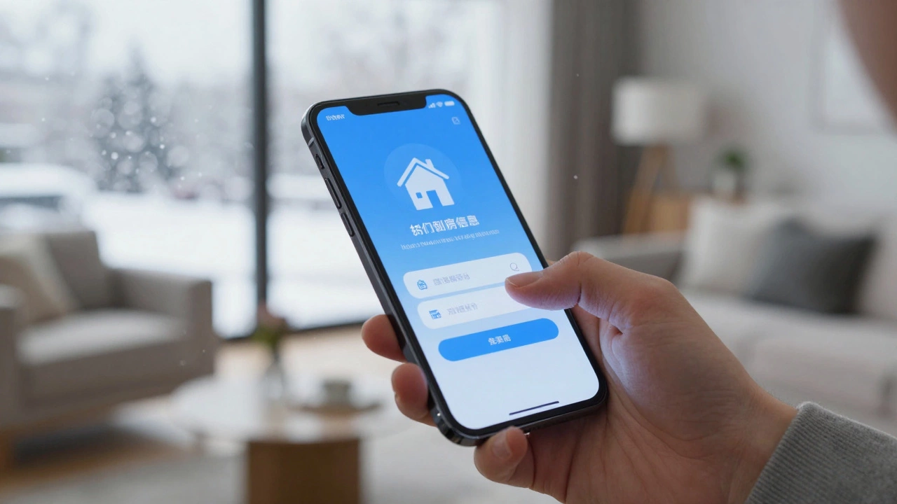 Смартфон с приложением ЖКХ в руках человека в зимнем интерьере квартиры