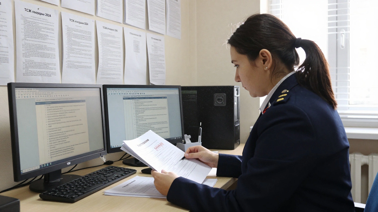 Сотрудник жилищной инспекции анализирует документы нарушений ТСЖ.