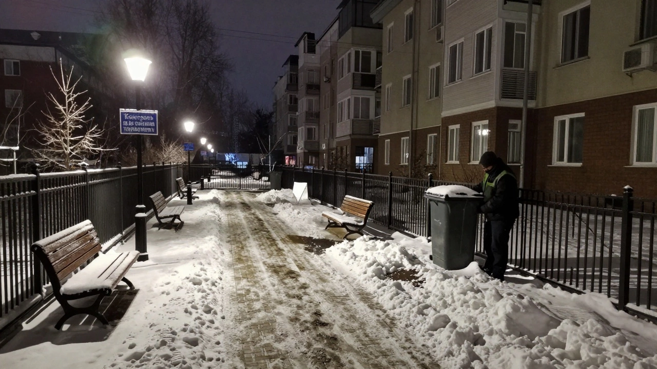 Ухоженный двор с убранной снегом дорожкой и работающим освещением.