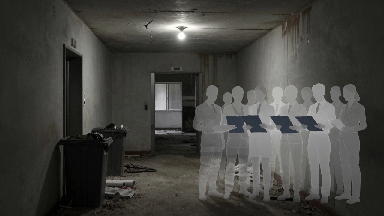 Запущенный подъезд с мусором и протечками, рядом — прозрачный силуэт команды, символизирующий отсутствие управления.