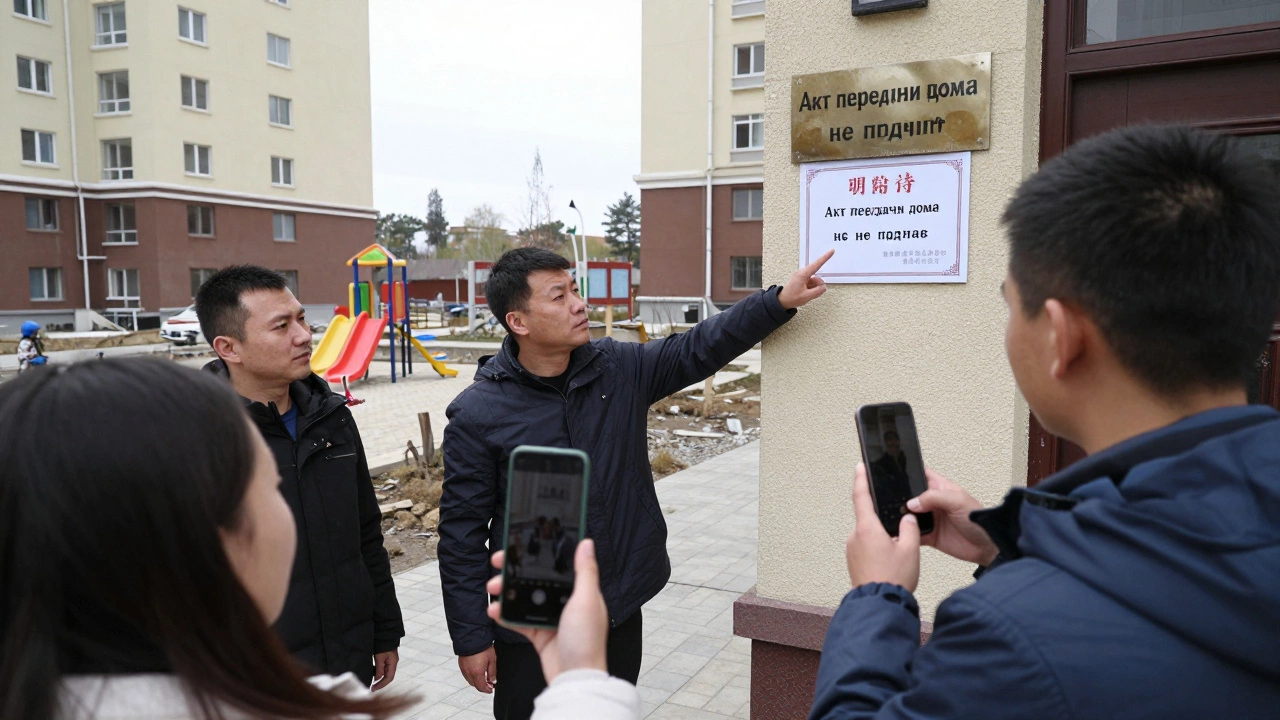 Жильцы осматривают объявление о передаче дома, заметив отсутствие акта.
