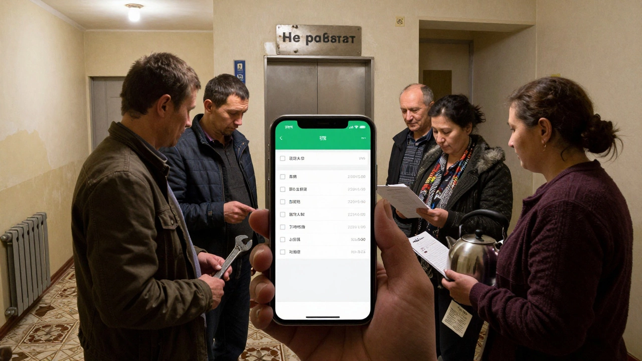 Жильцы в малом доме анализируют чат с квитанциями и голосованием, один держит гаечный ключ.
