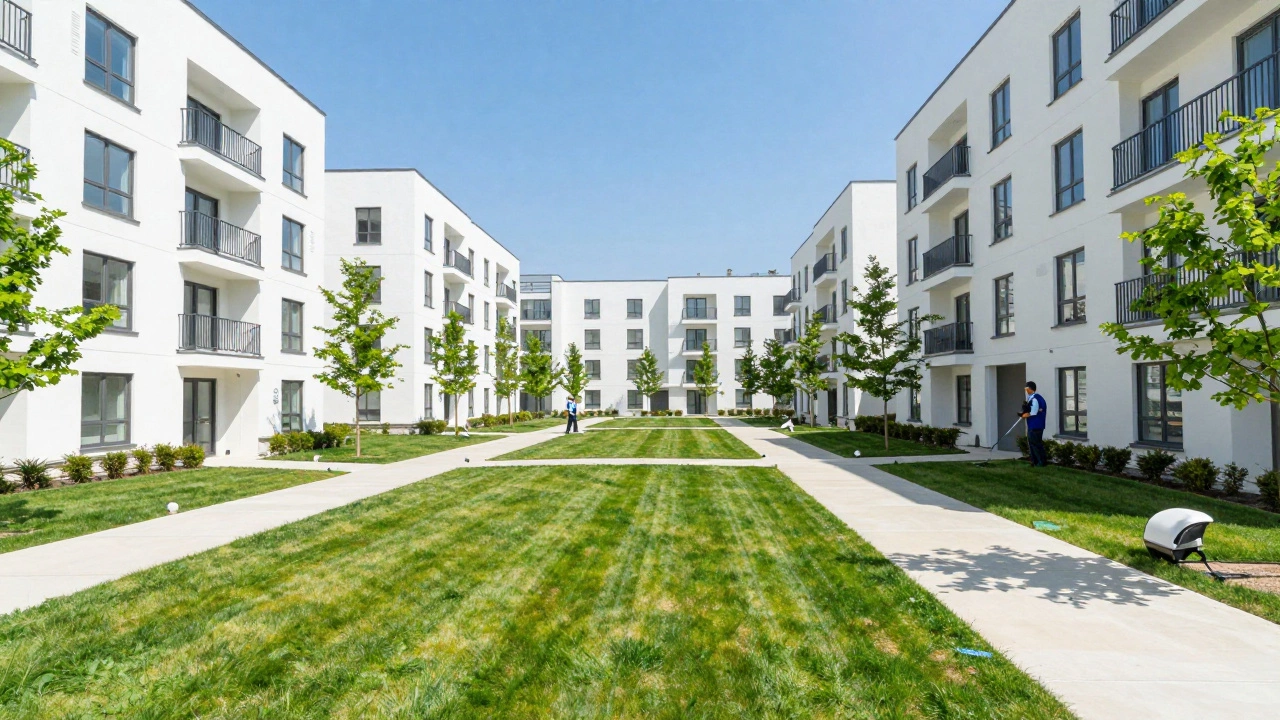 Чистый и ухоженный двор многоквартирного дома с зелеными газонами