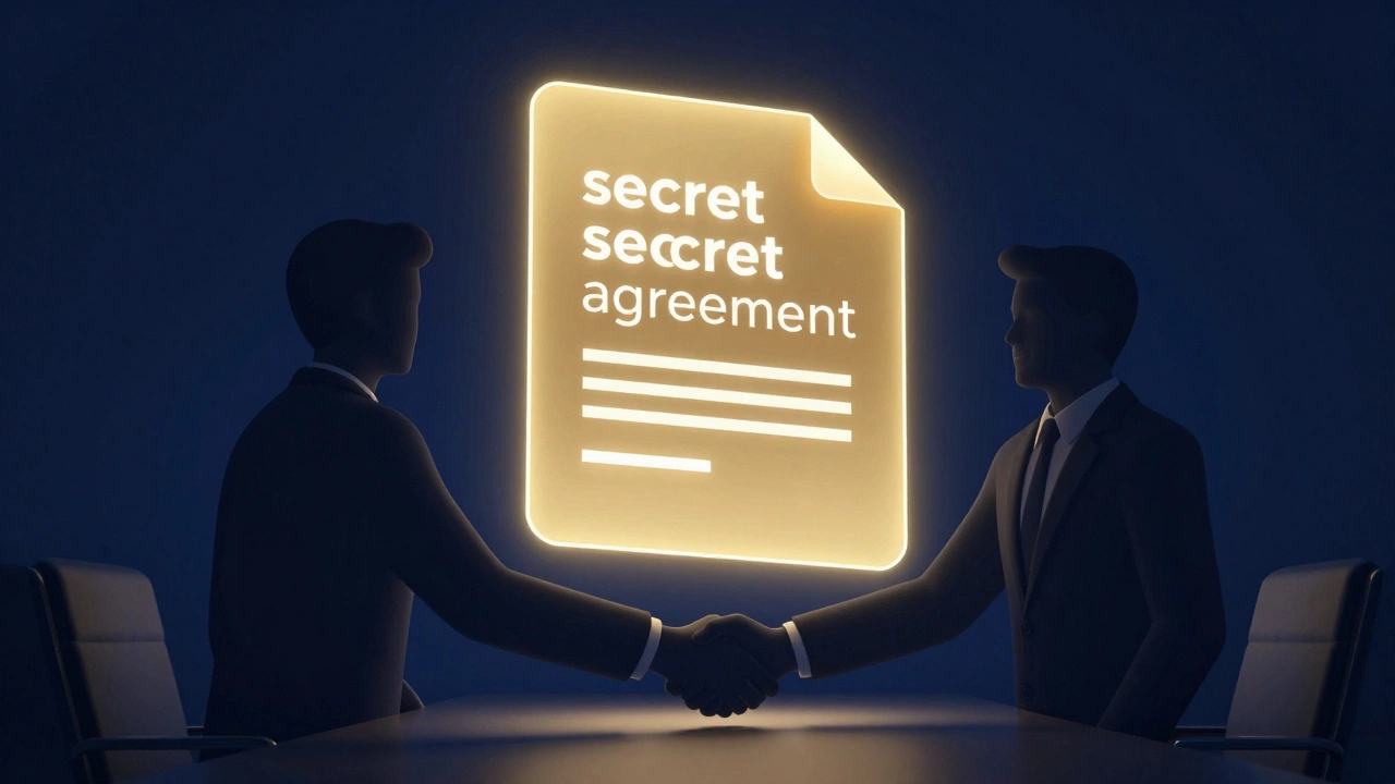 Две фигуры жмут руки над светящимся голографическим корпоративным договором