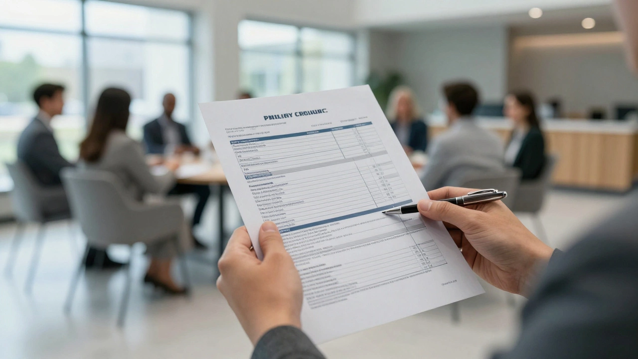 Рука жильца с финансовым отчетом управляющей компании на фоне собрания