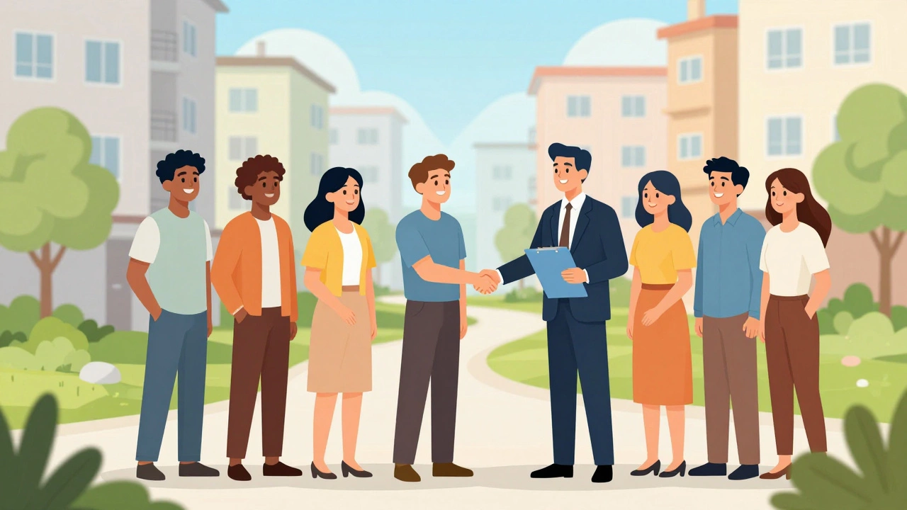 Счастливые жильцы договариваются с новым управляющим во дворе