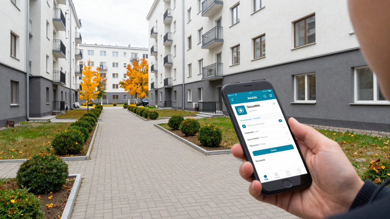 Житель проверяет отчеты управляющей компании через приложение во дворе дома