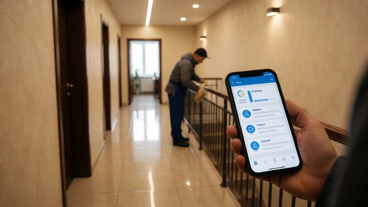 Чистый подъезд и проверка отчета об услугах ЖКХ на смартфоне