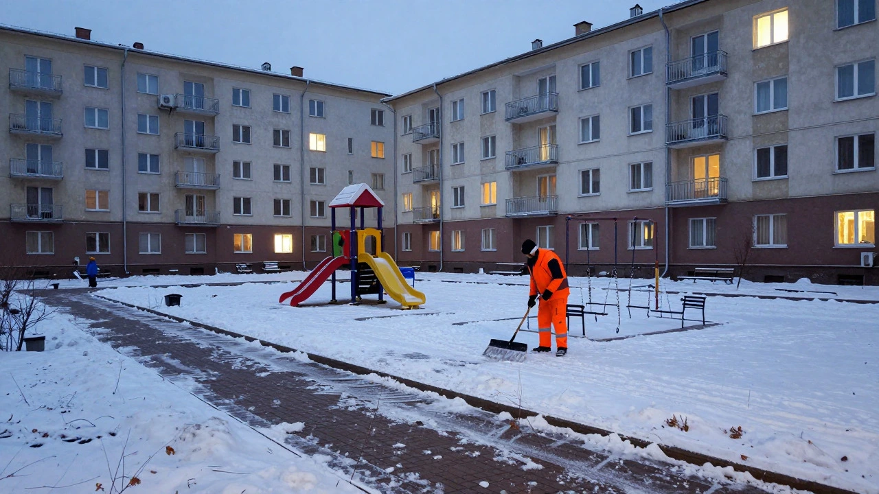 Работник убирает снег во дворе жилого комплекса с детской площадкой
