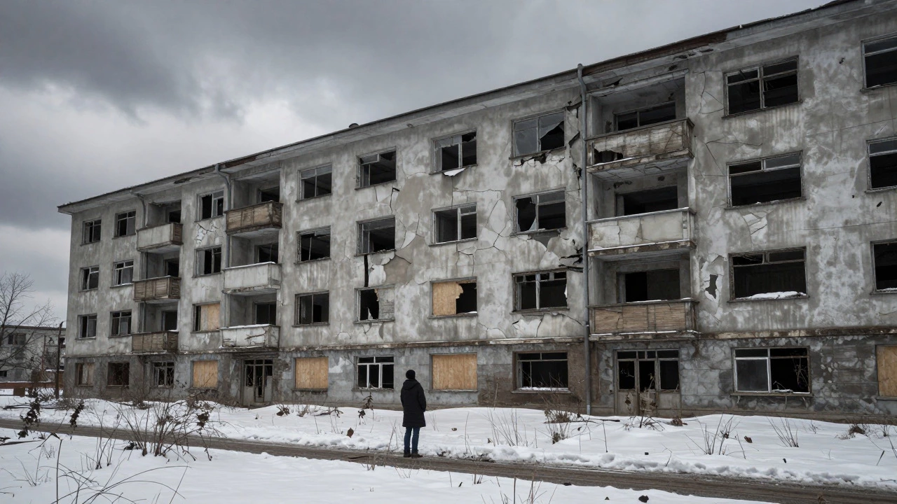 Заброшенный дом зимой под серым небом