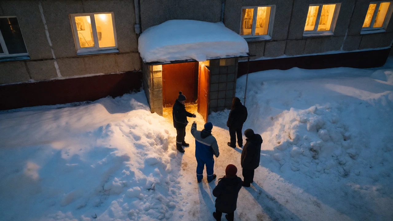 Жители и работник ЖКХ во дворе заснеженного дома